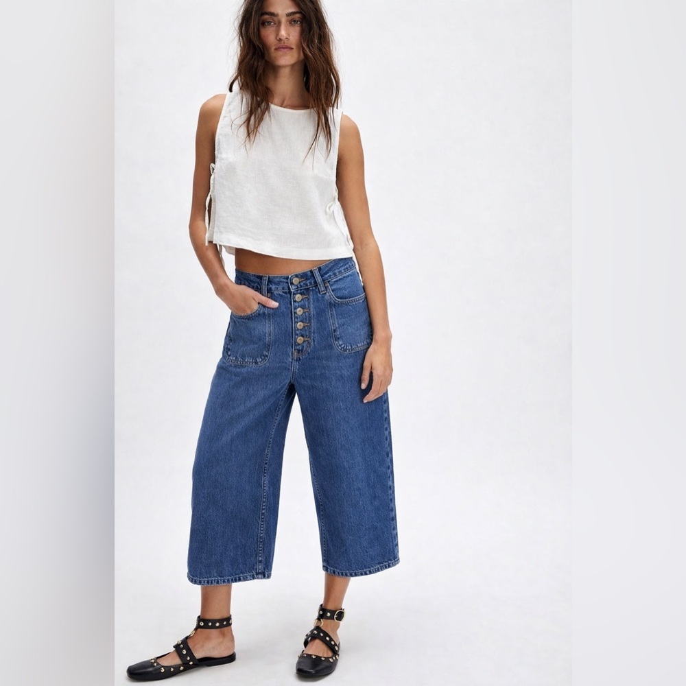Free People “Just Float On” Cropped Wide Leg Jeans Button Fly W30
